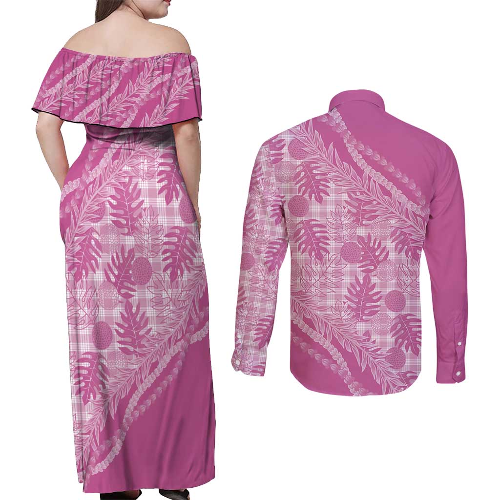 Hawaii Breadfruit Palaka Couples Matching Off Shoulder Maxi Dress and Long Sleeve Button Shirt Omaomao Ulaula Maile Lei LT9 - Polynesian Pride