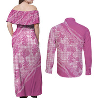 Hawaii Breadfruit Palaka Couples Matching Off Shoulder Maxi Dress and Long Sleeve Button Shirt Omaomao Ulaula Maile Lei LT9 - Polynesian Pride