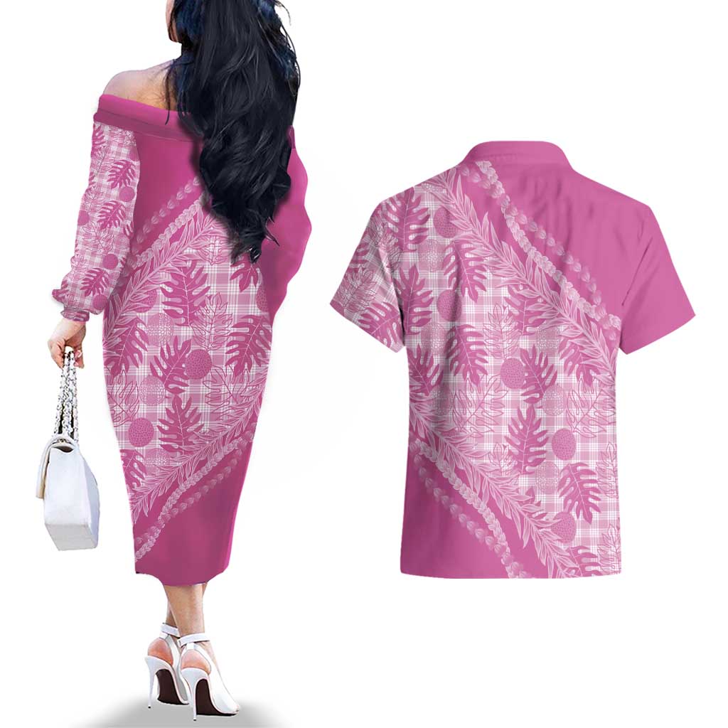 Hawaii Breadfruit Palaka Couples Matching Off The Shoulder Long Sleeve Dress and Hawaiian Shirt Omaomao Ulaula Maile Lei - Polynesian Pride