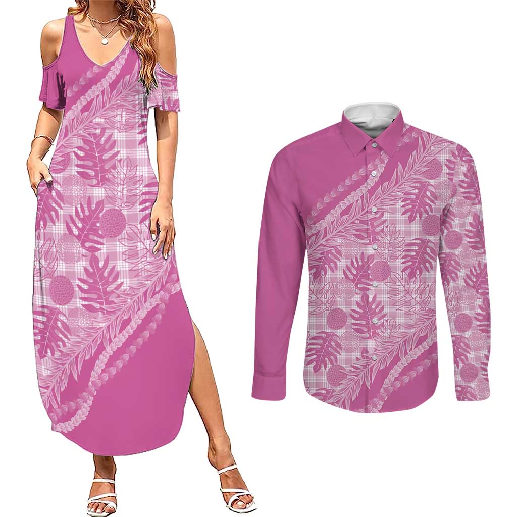 Hawaii Breadfruit Palaka Couples Matching Summer Maxi Dress and Long Sleeve Button Shirt Omaomao Ulaula Maile Lei LT9 Pink - Polynesian Pride