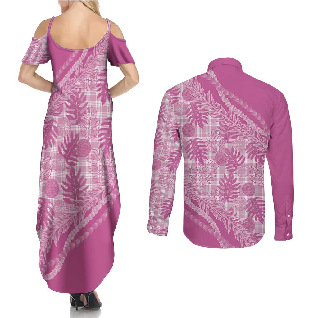 Hawaii Breadfruit Palaka Couples Matching Summer Maxi Dress and Long Sleeve Button Shirt Omaomao Ulaula Maile Lei LT9 - Polynesian Pride