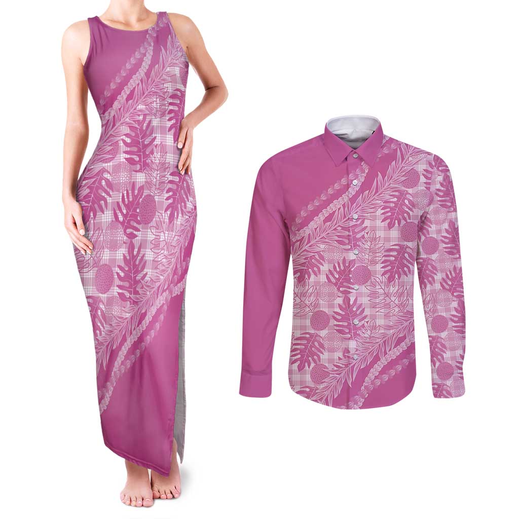 Hawaii Breadfruit Palaka Couples Matching Tank Maxi Dress and Long Sleeve Button Shirt Omaomao Ulaula Maile Lei LT9 Pink - Polynesian Pride