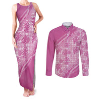 Hawaii Breadfruit Palaka Couples Matching Tank Maxi Dress and Long Sleeve Button Shirt Omaomao Ulaula Maile Lei LT9 Pink - Polynesian Pride