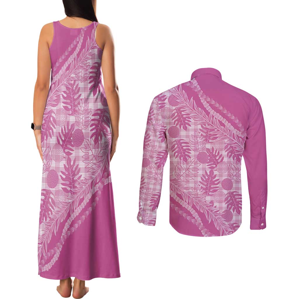 Hawaii Breadfruit Palaka Couples Matching Tank Maxi Dress and Long Sleeve Button Shirt Omaomao Ulaula Maile Lei LT9 - Polynesian Pride