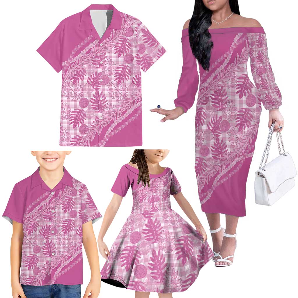 Hawaii Breadfruit Palaka Family Matching Off The Shoulder Long Sleeve Dress and Hawaiian Shirt Omaomao Ulaula Maile Lei - Polynesian Pride