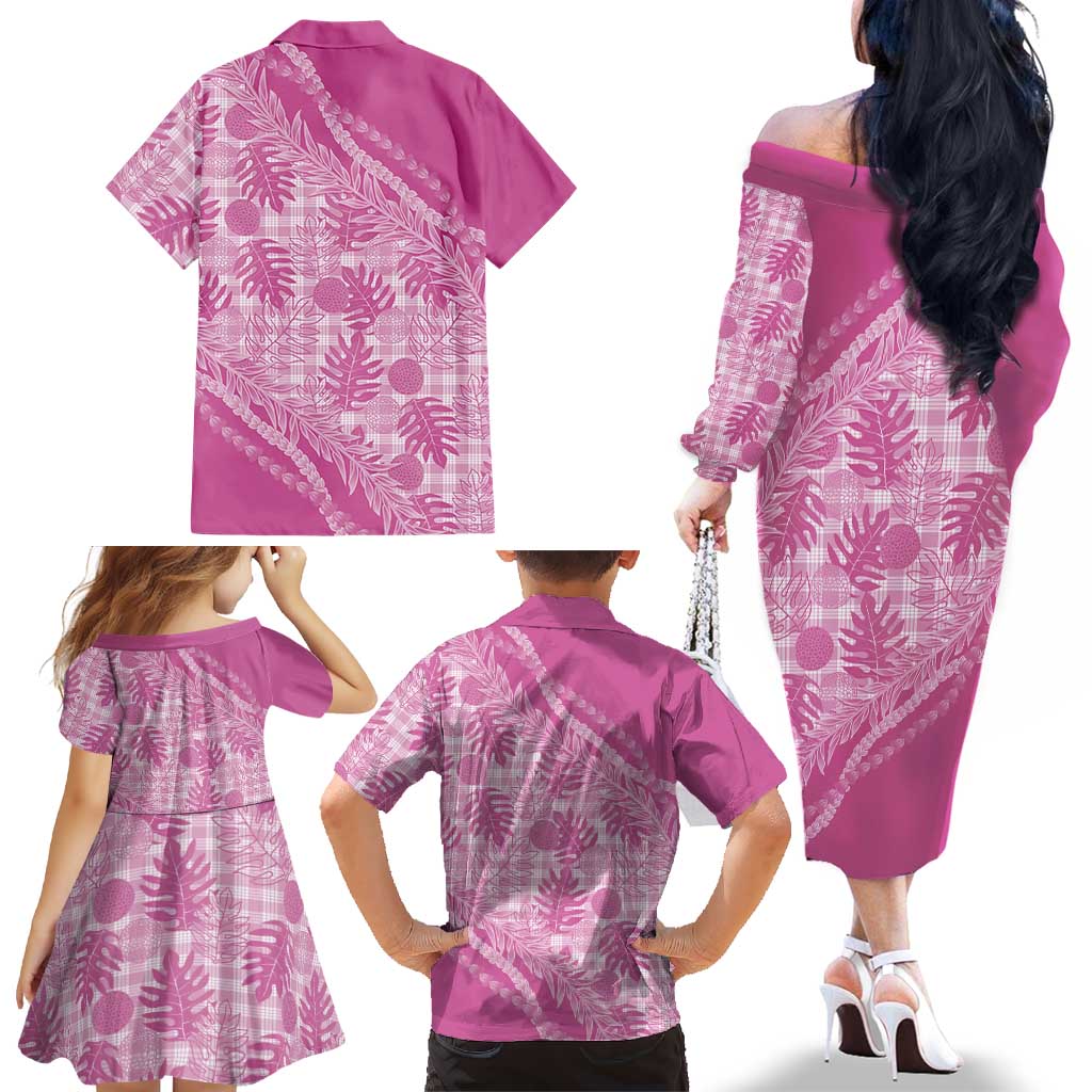 Hawaii Breadfruit Palaka Family Matching Off The Shoulder Long Sleeve Dress and Hawaiian Shirt Omaomao Ulaula Maile Lei - Polynesian Pride