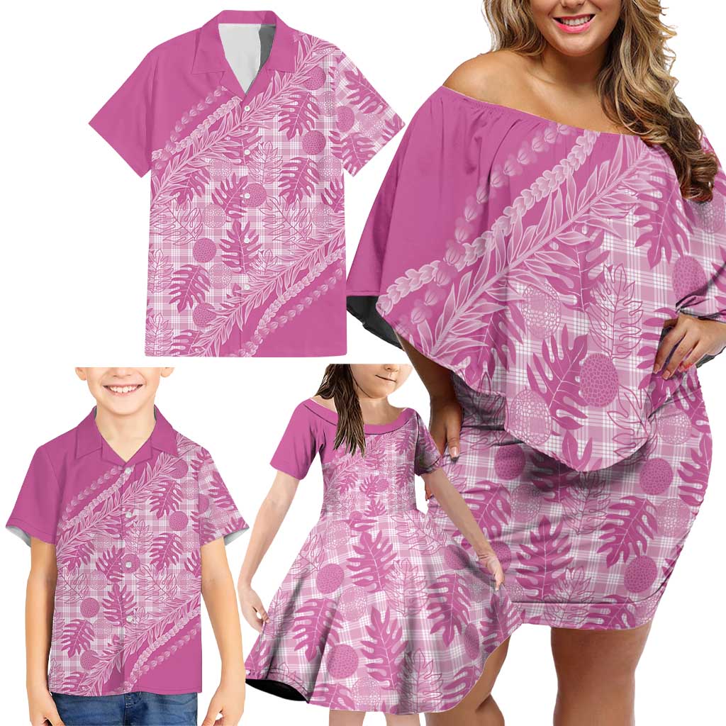 Hawaii Breadfruit Palaka Family Matching Off Shoulder Short Dress and Hawaiian Shirt Omaomao Ulaula Maile Lei - Polynesian Pride