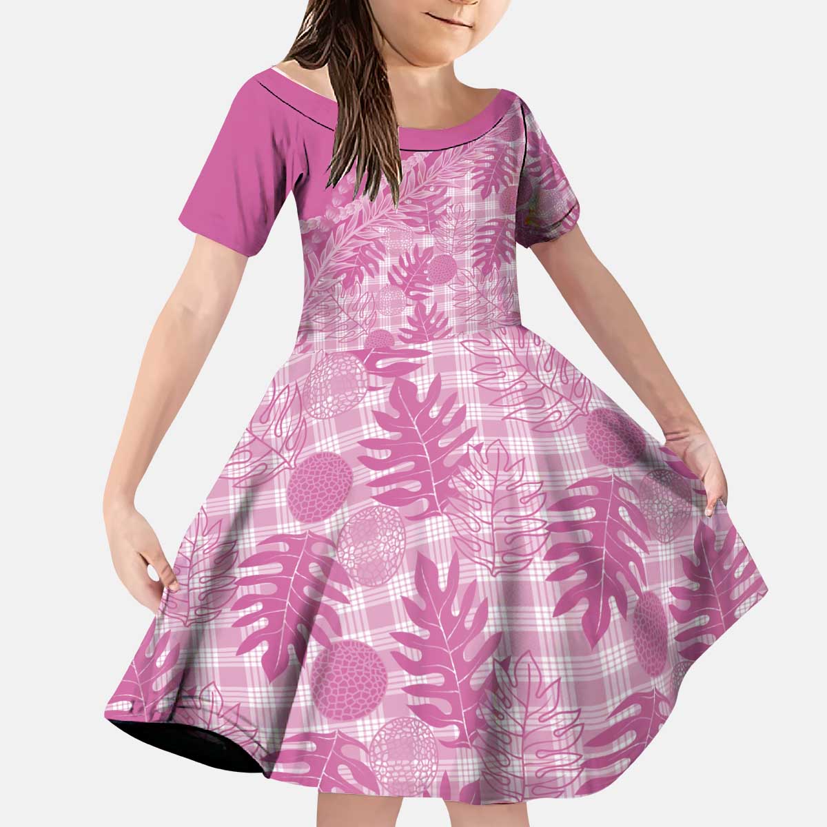 Hawaii Breadfruit Palaka Kid Short Sleeve Dress Omaomao Ulaula Maile Lei LT9 KID Pink - Polynesian Pride