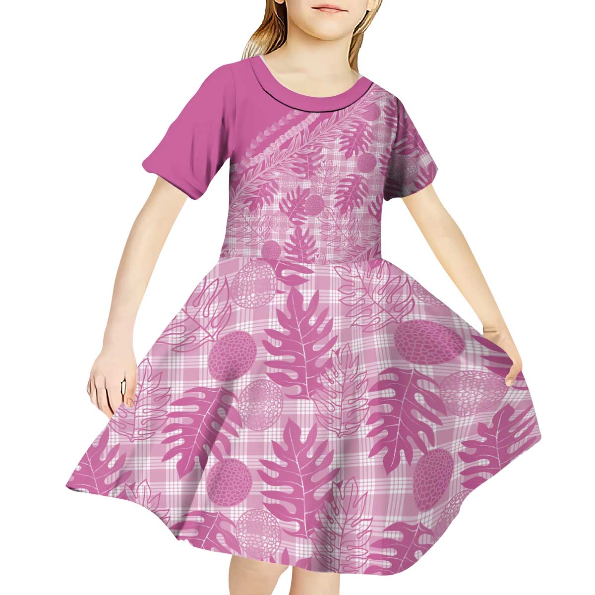 Hawaii Breadfruit Palaka Kid Short Sleeve Dress Omaomao Ulaula Maile Lei LT9 - Polynesian Pride