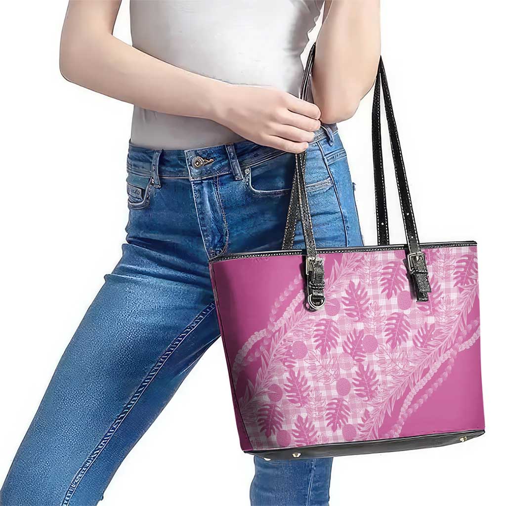 Hawaii Breadfruit Palaka Leather Tote Bag Omaomao Ulaula Maile Lei - Polynesian Pride