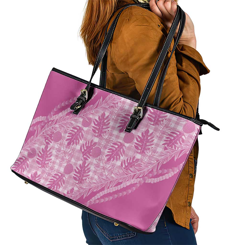 Hawaii Breadfruit Palaka Leather Tote Bag Omaomao Ulaula Maile Lei - Polynesian Pride