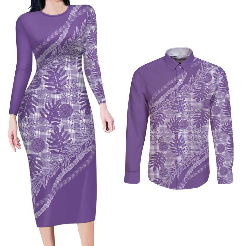 Hawaii Breadfruit Palaka Couples Matching Long Sleeve Bodycon Dress and Long Sleeve Button Shirt Poni Maile Lei LT9 Purple - Polynesian Pride