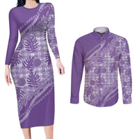 Hawaii Breadfruit Palaka Couples Matching Long Sleeve Bodycon Dress and Long Sleeve Button Shirt Poni Maile Lei LT9 Purple - Polynesian Pride