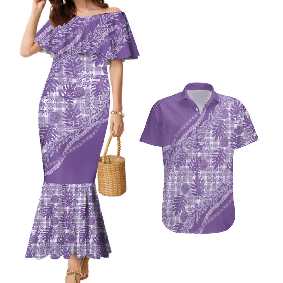 Hawaii Breadfruit Palaka Couples Matching Mermaid Dress and Hawaiian Shirt Poni Maile Lei LT9 Purple - Polynesian Pride