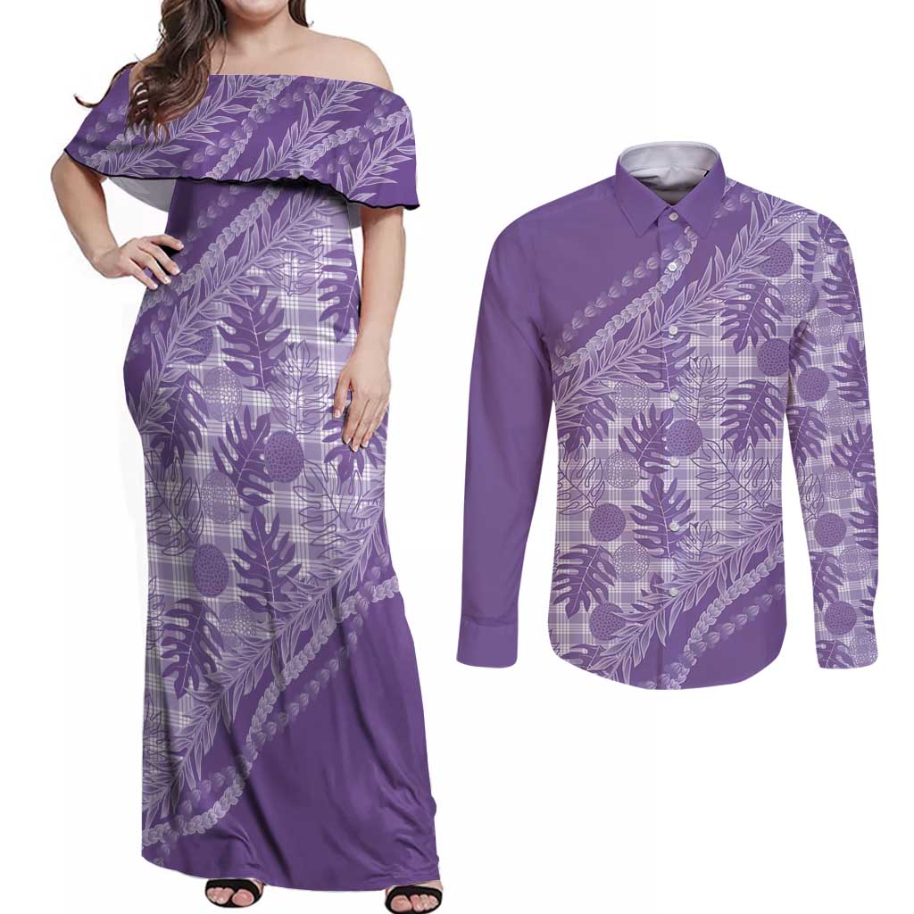 Hawaii Breadfruit Palaka Couples Matching Off Shoulder Maxi Dress and Long Sleeve Button Shirt Poni Maile Lei - Polynesian Pride