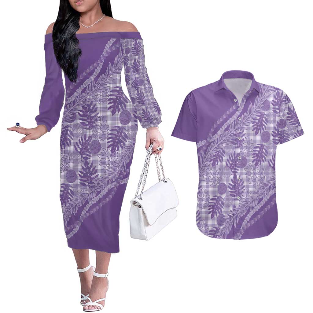 Hawaii Breadfruit Palaka Couples Matching Off The Shoulder Long Sleeve Dress and Hawaiian Shirt Poni Maile Lei - Polynesian Pride