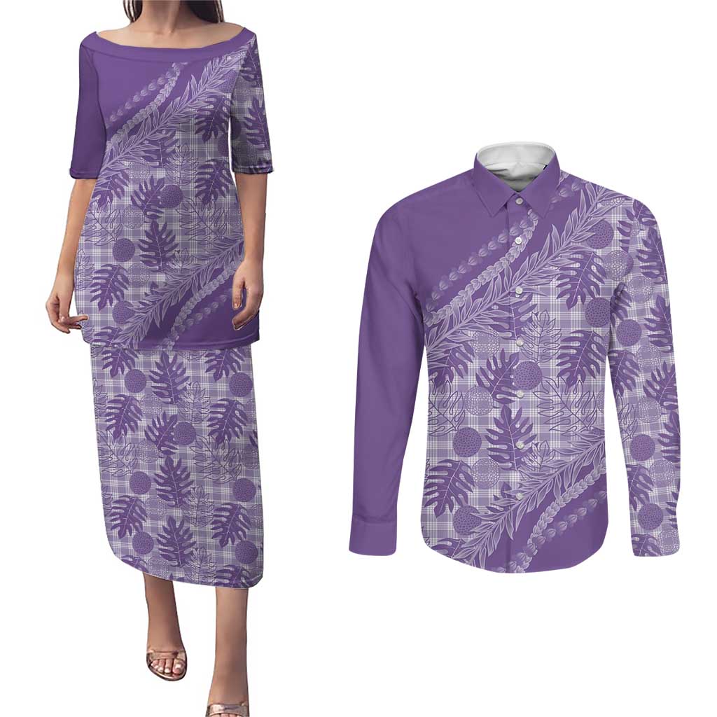 Hawaii Breadfruit Palaka Couples Matching Puletasi and Long Sleeve Button Shirt Poni Maile Lei - Polynesian Pride