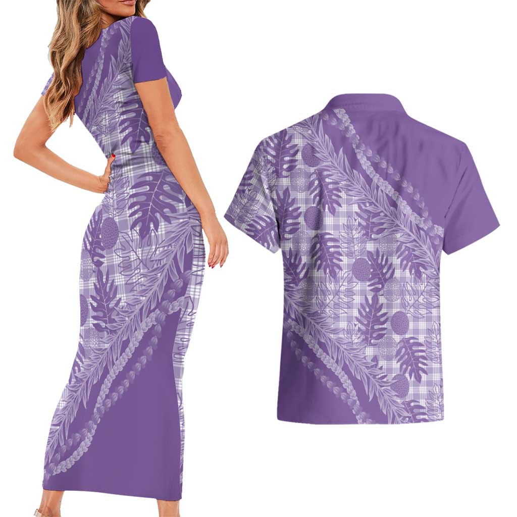 Hawaii Breadfruit Palaka Couples Matching Short Sleeve Bodycon Dress and Hawaiian Shirt Poni Maile Lei - Polynesian Pride