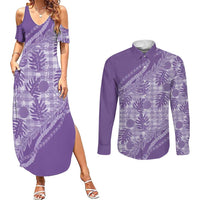 Hawaii Breadfruit Palaka Couples Matching Summer Maxi Dress and Long Sleeve Button Shirt Poni Maile Lei LT9 Purple - Polynesian Pride