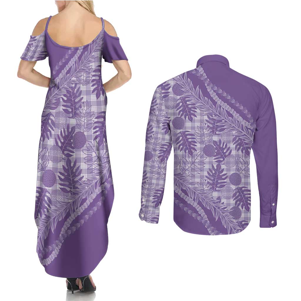 Hawaii Breadfruit Palaka Couples Matching Summer Maxi Dress and Long Sleeve Button Shirt Poni Maile Lei LT9 - Polynesian Pride