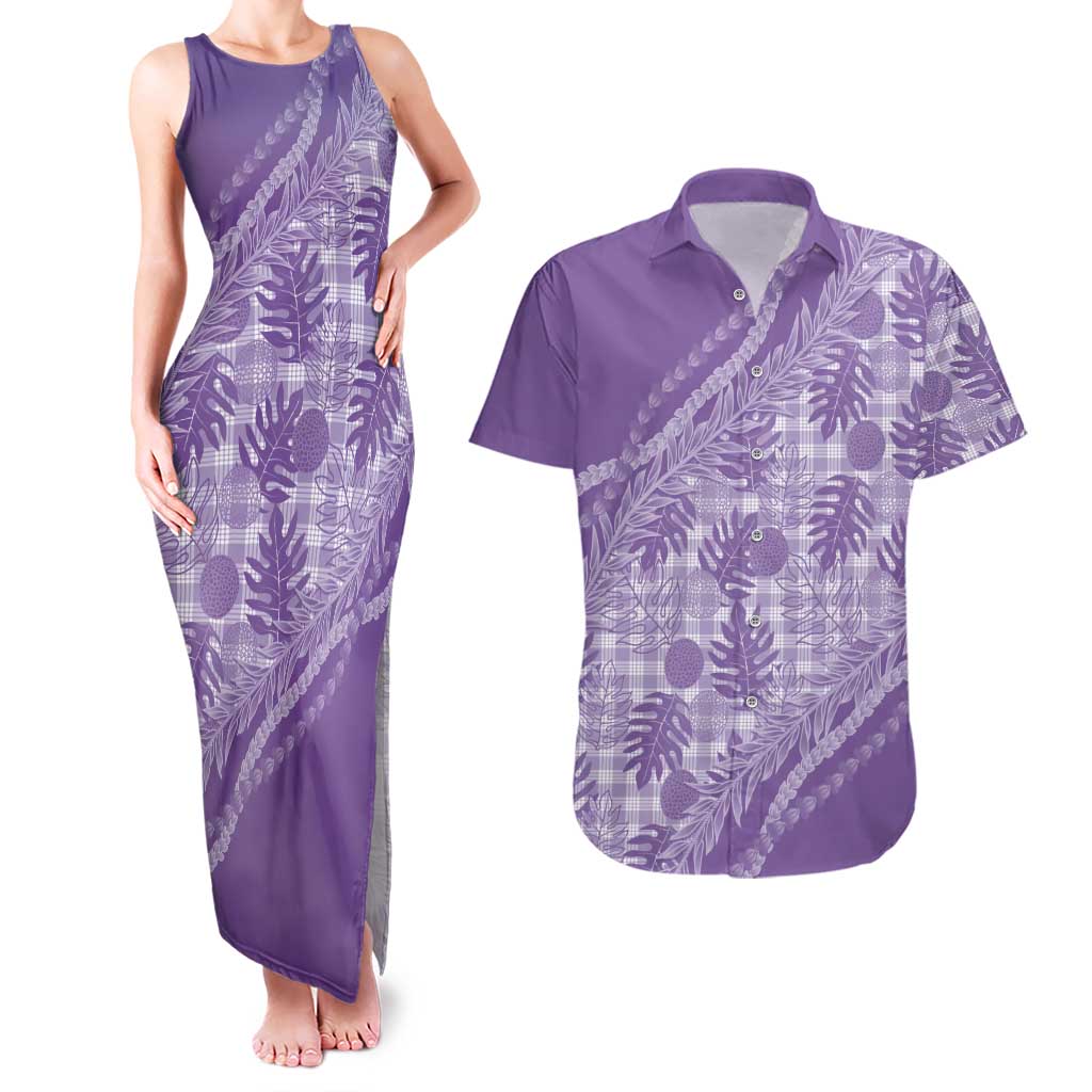 Hawaii Breadfruit Palaka Couples Matching Tank Maxi Dress and Hawaiian Shirt Poni Maile Lei - Polynesian Pride