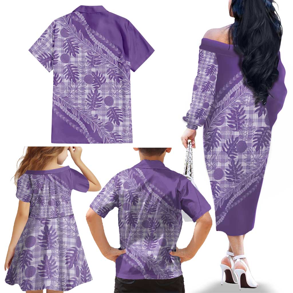 Hawaii Breadfruit Palaka Family Matching Off The Shoulder Long Sleeve Dress and Hawaiian Shirt Poni Maile Lei - Polynesian Pride