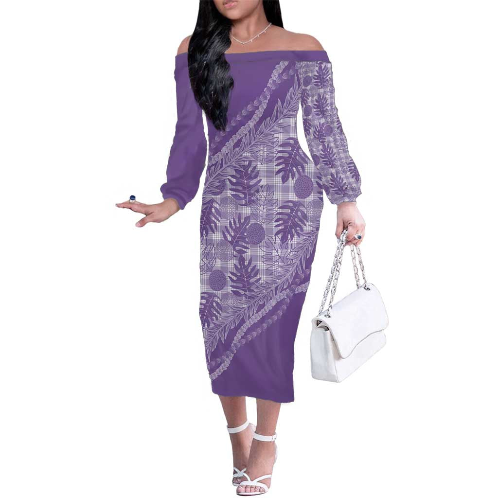 Hawaii Breadfruit Palaka Family Matching Off The Shoulder Long Sleeve Dress and Hawaiian Shirt Poni Maile Lei - Polynesian Pride