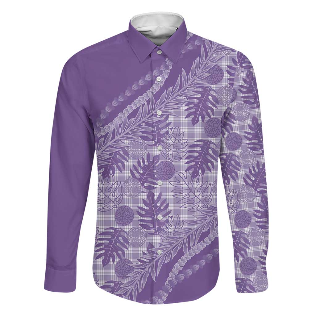 Hawaii Breadfruit Palaka Family Matching Puletasi and Hawaiian Shirt Poni Maile Lei LT9 Dad's Shirt - Long Sleeve Purple - Polynesian Pride