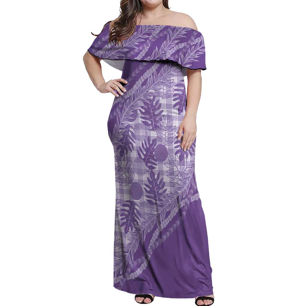 Hawaii Breadfruit Palaka Off Shoulder Maxi Dress Poni Maile Lei - Polynesian Pride