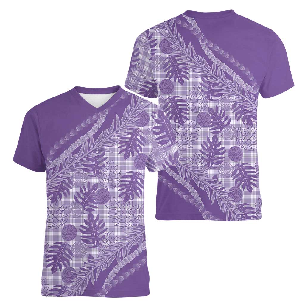Hawaii Breadfruit Palaka Women V-Neck T-Shirt Poni Maile Lei - Polynesian Pride
