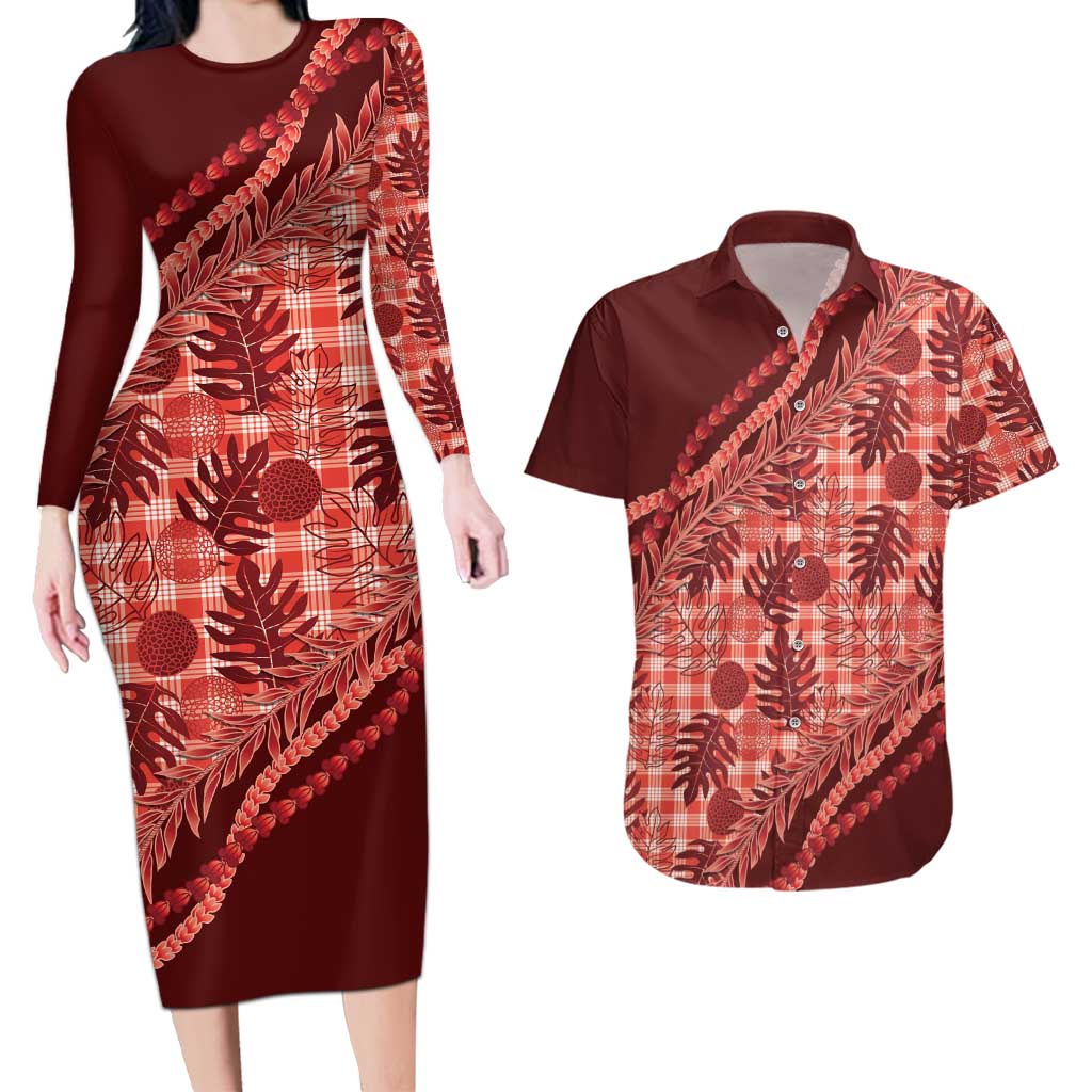 Hawaii Breadfruit Palaka Couples Matching Long Sleeve Bodycon Dress and Hawaiian Shirt Ulaula Maile Lei - Polynesian Pride