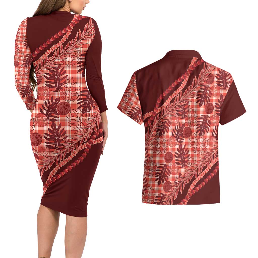 Hawaii Breadfruit Palaka Couples Matching Long Sleeve Bodycon Dress and Hawaiian Shirt Ulaula Maile Lei - Polynesian Pride