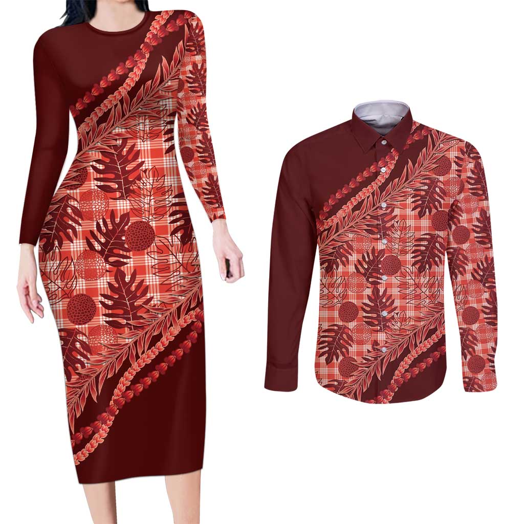 Hawaii Breadfruit Palaka Couples Matching Long Sleeve Bodycon Dress and Long Sleeve Button Shirt Ulaula Maile Lei LT9 Red - Polynesian Pride