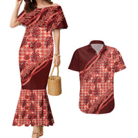 Hawaii Breadfruit Palaka Couples Matching Mermaid Dress and Hawaiian Shirt Ulaula Maile Lei LT9 Red - Polynesian Pride