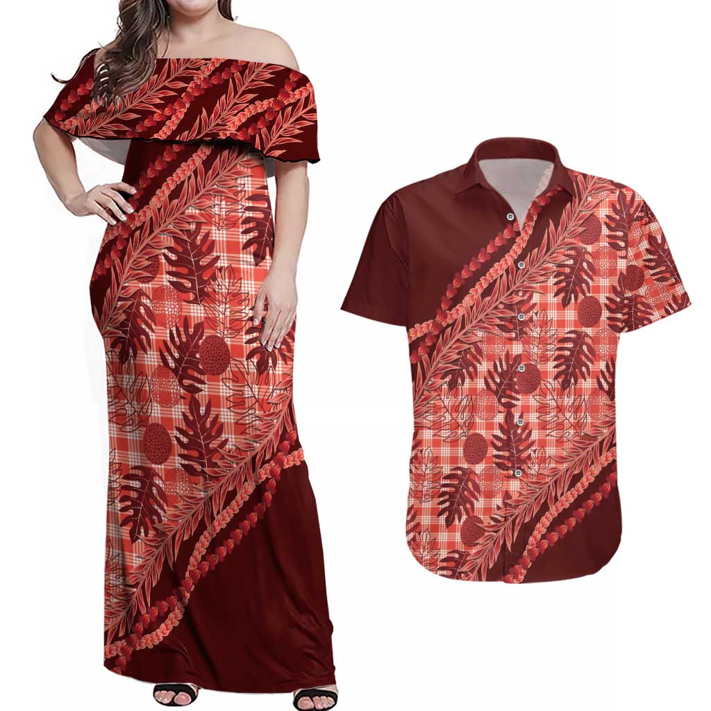 Hawaii Breadfruit Palaka Couples Matching Off Shoulder Maxi Dress and Hawaiian Shirt Ulaula Maile Lei - Polynesian Pride