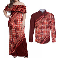 Hawaii Breadfruit Palaka Couples Matching Off Shoulder Maxi Dress and Long Sleeve Button Shirt Ulaula Maile Lei - Polynesian Pride
