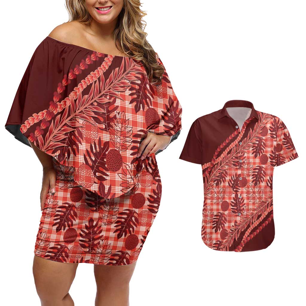 Hawaii Breadfruit Palaka Couples Matching Off Shoulder Short Dress and Hawaiian Shirt Ulaula Maile Lei - Polynesian Pride