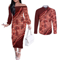 Hawaii Breadfruit Palaka Couples Matching Off The Shoulder Long Sleeve Dress and Long Sleeve Button Shirt Ulaula Maile Lei LT9 Red - Polynesian Pride