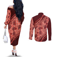 Hawaii Breadfruit Palaka Couples Matching Off The Shoulder Long Sleeve Dress and Long Sleeve Button Shirt Ulaula Maile Lei LT9 - Polynesian Pride