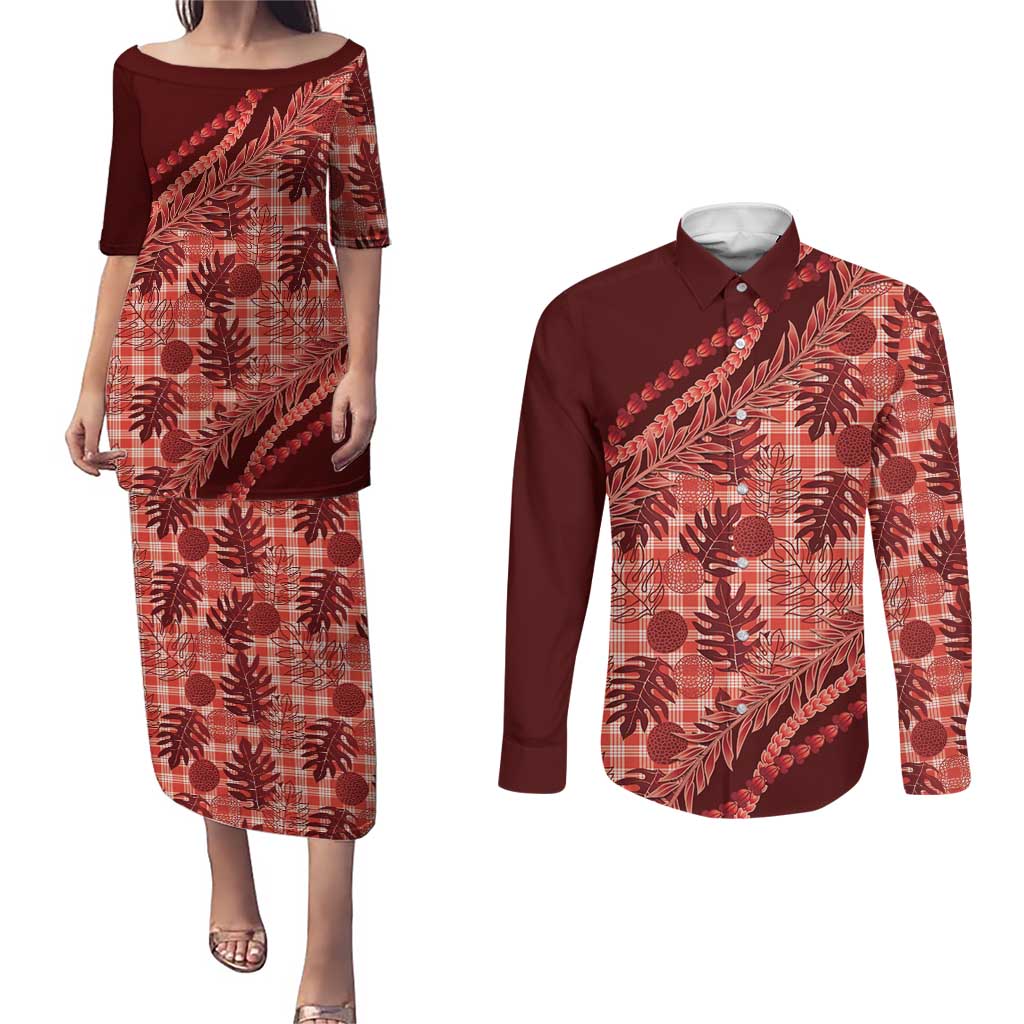 Hawaii Breadfruit Palaka Couples Matching Puletasi and Long Sleeve Button Shirt Ulaula Maile Lei LT9 Red - Polynesian Pride