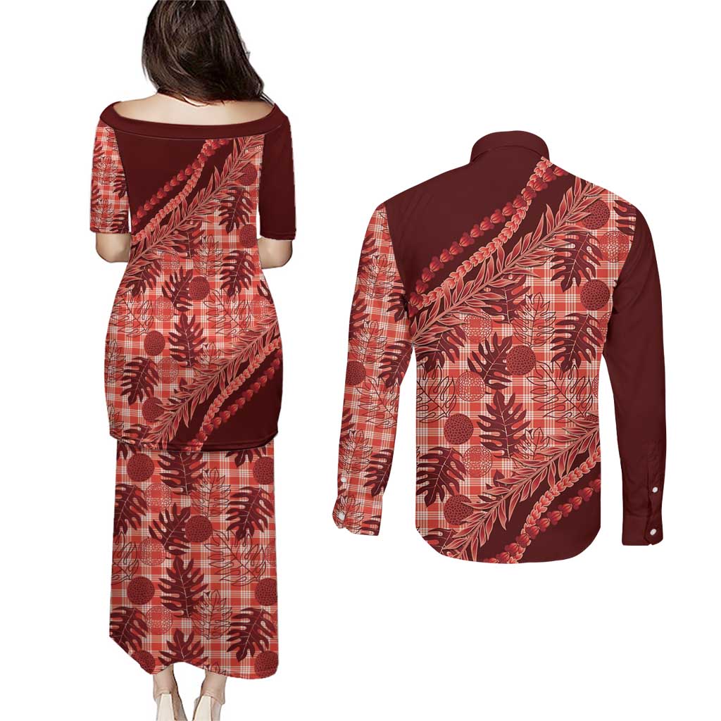 Hawaii Breadfruit Palaka Couples Matching Puletasi and Long Sleeve Button Shirt Ulaula Maile Lei LT9 - Polynesian Pride