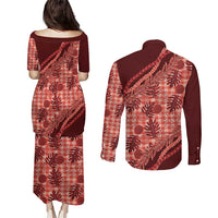 Hawaii Breadfruit Palaka Couples Matching Puletasi and Long Sleeve Button Shirt Ulaula Maile Lei LT9 - Polynesian Pride