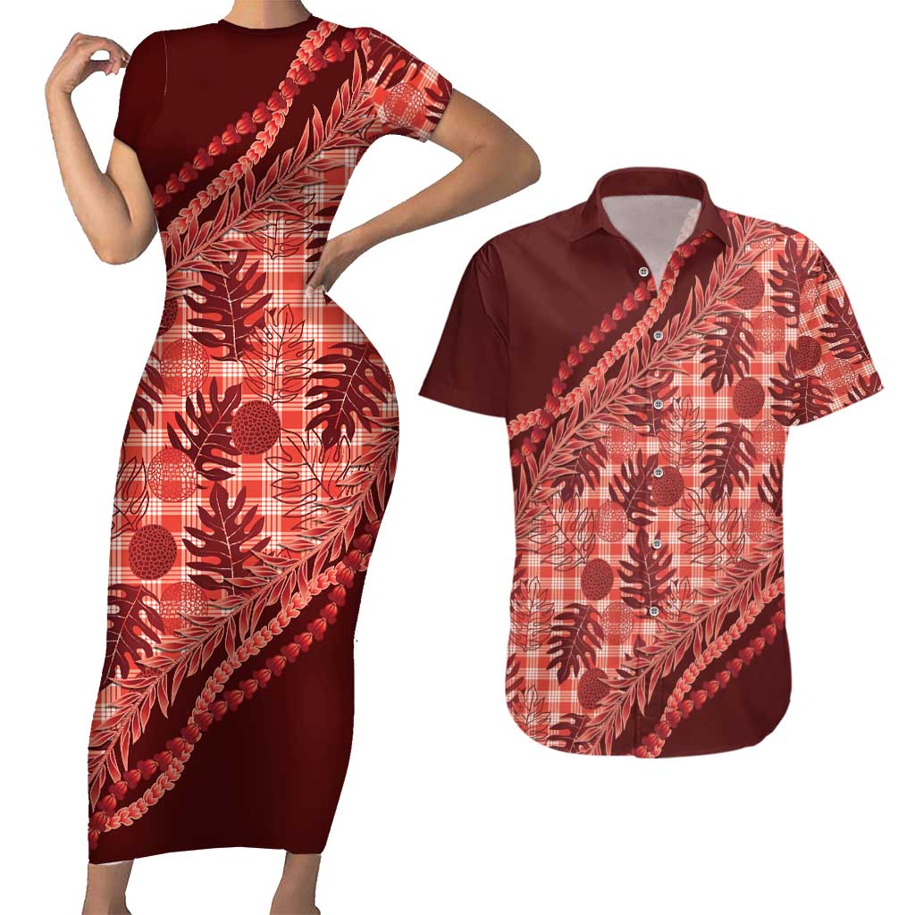 Hawaii Breadfruit Palaka Couples Matching Short Sleeve Bodycon Dress and Hawaiian Shirt Ulaula Maile Lei - Polynesian Pride
