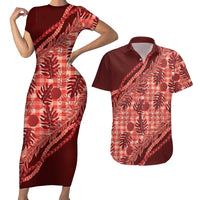 Hawaii Breadfruit Palaka Couples Matching Short Sleeve Bodycon Dress and Hawaiian Shirt Ulaula Maile Lei - Polynesian Pride