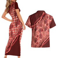Hawaii Breadfruit Palaka Couples Matching Short Sleeve Bodycon Dress and Hawaiian Shirt Ulaula Maile Lei - Polynesian Pride