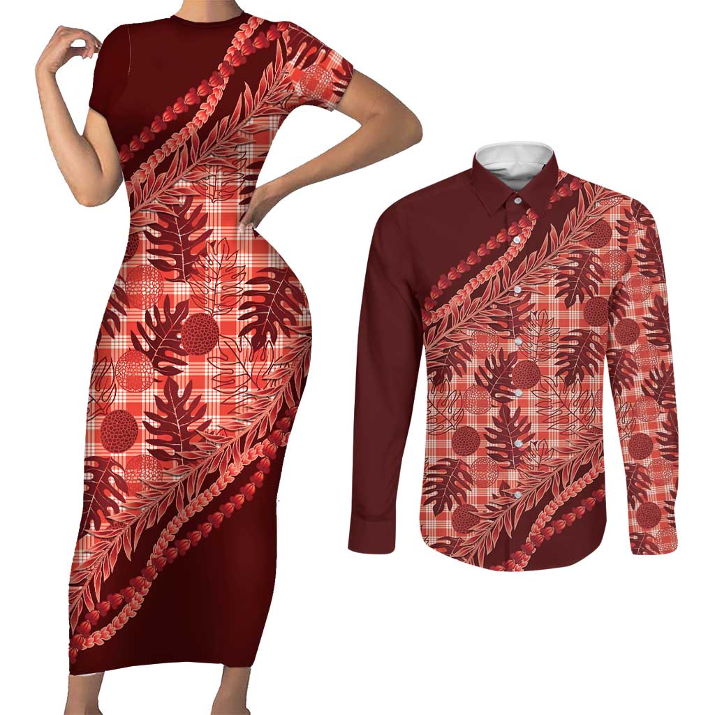 Hawaii Breadfruit Palaka Couples Matching Short Sleeve Bodycon Dress and Long Sleeve Button Shirt Ulaula Maile Lei LT9 Red - Polynesian Pride