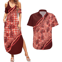 Hawaii Breadfruit Palaka Couples Matching Summer Maxi Dress and Hawaiian Shirt Ulaula Maile Lei - Polynesian Pride