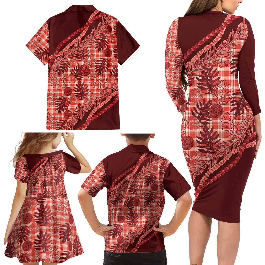 Hawaii Breadfruit Palaka Family Matching Long Sleeve Bodycon Dress and Hawaiian Shirt Ulaula Maile Lei - Polynesian Pride