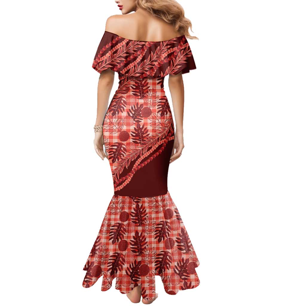 Hawaii Breadfruit Palaka Family Matching Mermaid Dress and Hawaiian Shirt Ulaula Maile Lei - Polynesian Pride