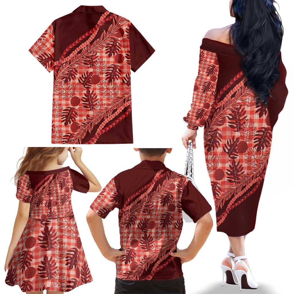 Hawaii Breadfruit Palaka Family Matching Off The Shoulder Long Sleeve Dress and Hawaiian Shirt Ulaula Maile Lei - Polynesian Pride